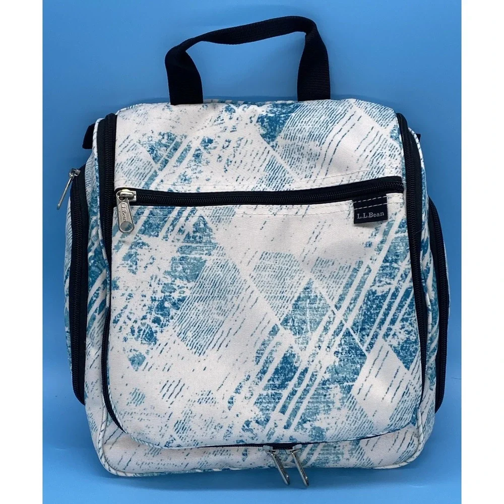 LL Bean Hanging Organizer Toiletry Bag Teal/White Geometric Design (retired)